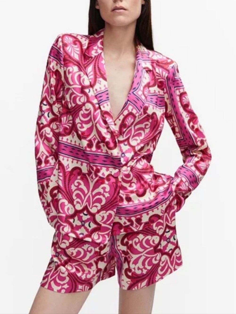 XS Mango Silky Fuchsia & Cream Printed Blazer and Shorts Set